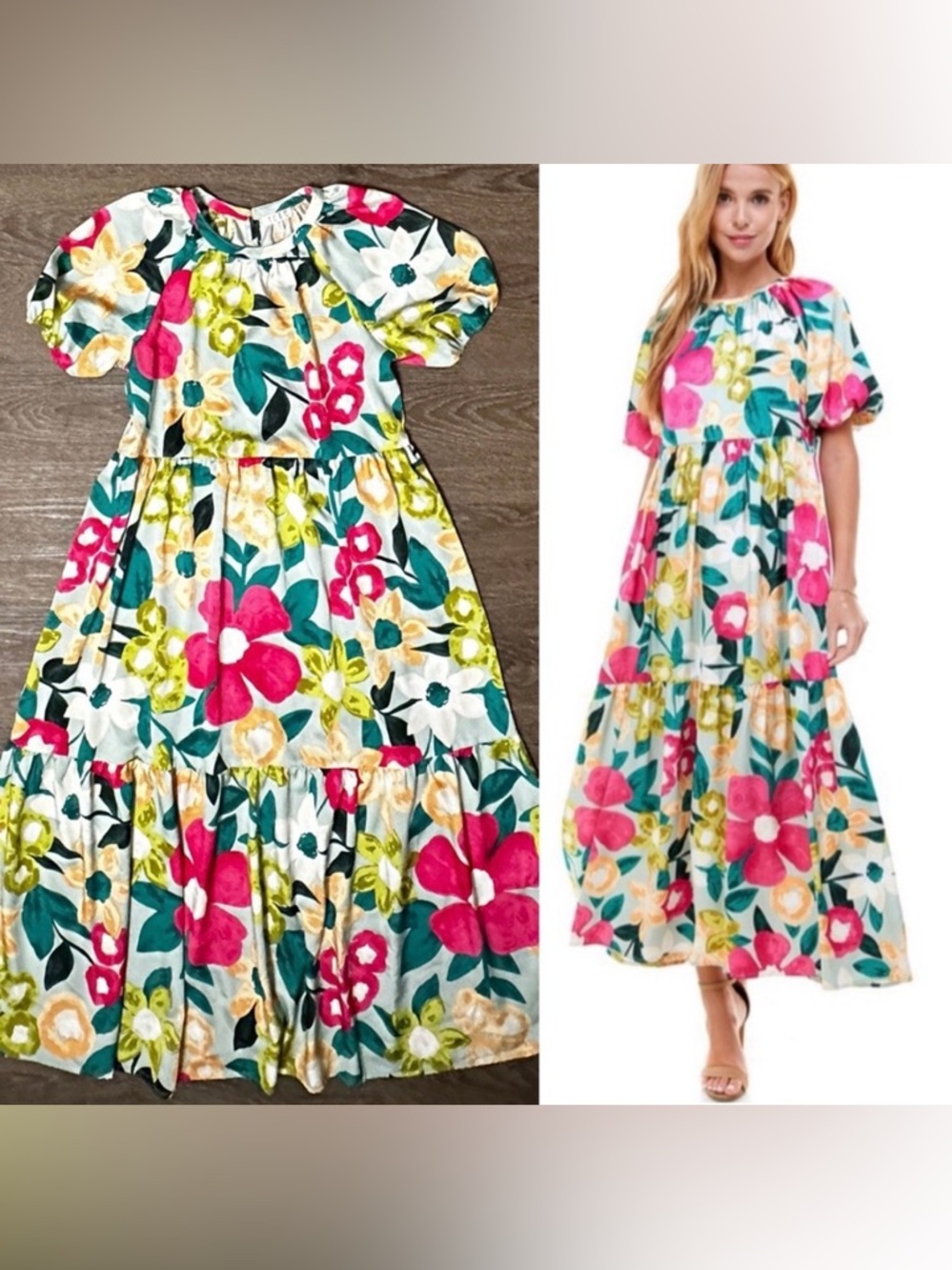 TCEC Floral Puff Sleeve Midi Boutique Dress Size Small NWOT